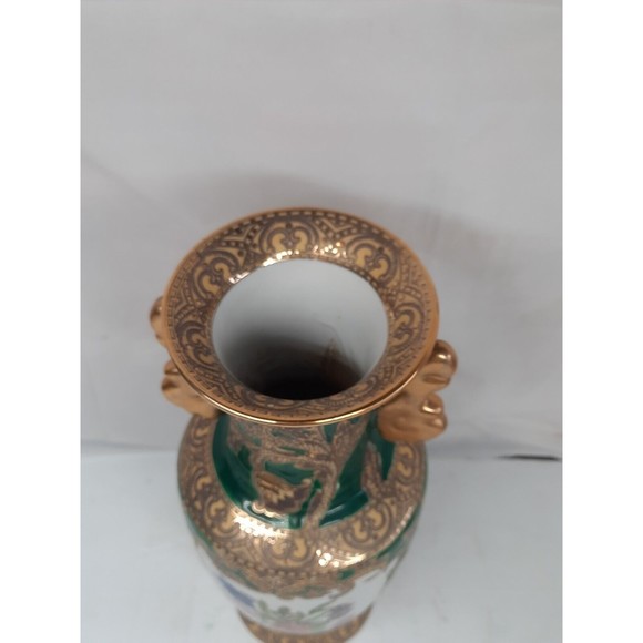 LARGE 10.5" Chinese Porcelain Vase with Gold Gilded Handles Hand Painted - Picture 7 of 10